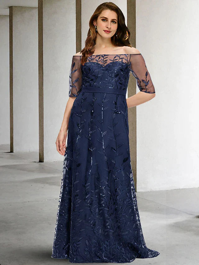 A-Line Plus Size Curve Mother of the Bride Dresses Plus Size Dress Formal Floor Length Half Sleeve Off Shoulder Tulle with Sequin Embroidery