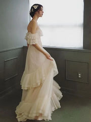 Beach Wedding Dresses Sweep Brush Train A-Line Short Sleeve Off Shoulder Lace With Ruffles