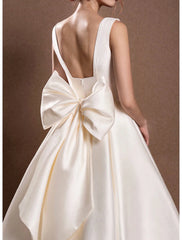 Aimishang Reception Simple Wedding Dresses Wedding Dresses A-Line Off Shoulder Cap Sleeve Tea Length Satin Bridal Gowns With Pleats Ruched