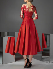 A-Line Cocktail Party Dress Christmas Red Green Dress Floral Dress Kentucky Derby Tea Length 3/4 Length Sleeve Off Shoulder Fall Wedding Guest Satin with Pleats Appliques