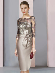 DingjiSheath / Column Mother of the Bride Dress Wedding Guest Elegant Square Neck Knee Length Satin Lace Half Sleeve with Bow(s) Ruching