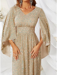 A-Line Evening Gown Elegant Dress Formal Wedding Sweep / Brush Train Long Sleeve V Neck Capes Polyester with Sequin