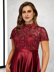 A-Line Plus Size Curve Mother of the Bride Dresses Vintage Dress Formal Asymmetrical Short Sleeve High Neck Taffeta with Pleats