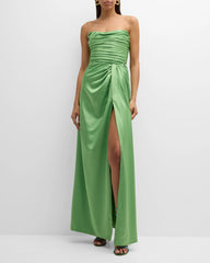 Noble strapless off shoulder pleated side slit prom dress