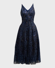 Elegant V-neck sleeveless off shoulder sequin embroidered mid length prom dress