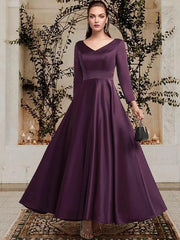 A-Line Mother of the Bride Dress Plus Size Elegant V Neck Ankle Length Satin Long Sleeve with Pleats