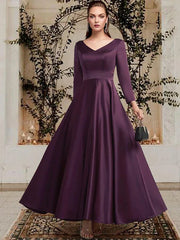 A-Line Mother of the Bride Dress Plus Size Elegant V Neck Ankle Length Satin Long Sleeve with Pleats Solid Color
