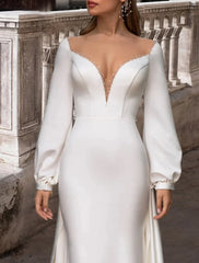 Aimishang Reception Formal Wedding Dresses Two Piece Illusion Neck Scoop Neck Long Sleeve Sweep / Brush Train Satin Bridal Gowns With Solid Color