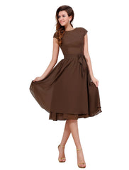 A-Line Mother of the Bride Dress Sweet Jewel Neck Knee Length Chiffon Short Sleeve with Buttons