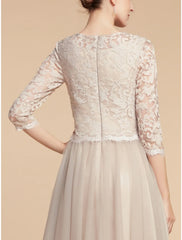 Aimishang A-Line Mother of the Bride Dress Wedding Guest Elegant Petite Jewel Neck Knee Length Lace Tulle Half Sleeve with Pleats Solid Color