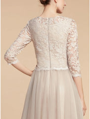 A-Line Mother of the Bride Dress Wedding Guest Elegant Petite Jewel Neck Knee Length Lace Tulle Half Sleeve with Pleats Solid Color