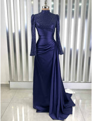 Aimishang A-Line Evening Gown Champagne Christmas Elegant Dress Formal Sweep / Brush Train Long Sleeve High Neck Satin with Glitter Pleats Ruched