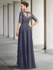 A-Line Mother of the Bride Dress Formal Wedding Guest Elegant Scoop Neck Floor Length Chiffon Lace Half Sleeve with Bow(s) Sequin