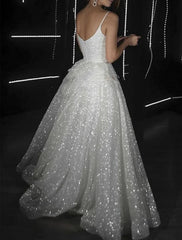 A-Line Prom Dresses Glittering Dress Wedding Guest Wedding Party Floor Length Sleeveless Spaghetti Strap Fall Wedding Reception Tulle with Sequin