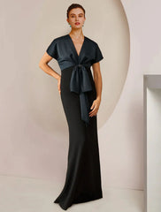 Sheath / Column Mother of the Bride Dress Formal Wedding Guest Party Elegant Jewel Neck Floor Length Satin Short Sleeve with Bow(s) Color Block