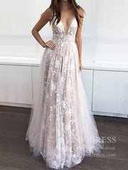 Nude Deep V Neck Lace Wedding Dresses A-line Prom Dress FD1735