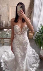 Nude Mermaid Boho Wedding Dresses Sparkly Beaded Lace Bridal Gown AW1032