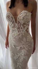 Nude Mermaid Boho Wedding Dresses Sparkly Beaded Lace Bridal Gown AW1032