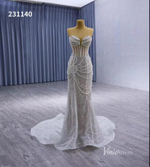 Nude Pearl Beaded Lace Mermaid Wedding Dresses Removable Long Sleeve Pageant Dress 231140