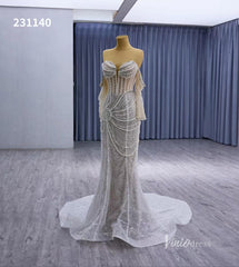 Nude Pearl Beaded Lace Mermaid Wedding Dresses Removable Long Sleeve Pageant Dress 231140