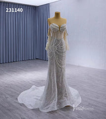 Nude Pearl Beaded Lace Mermaid Wedding Dresses Removable Long Sleeve Pageant Dress 231140