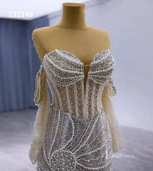 Nude Pearl Beaded Lace Mermaid Wedding Dresses Removable Long Sleeve Pageant Dress 231140