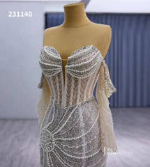 Nude Pearl Beaded Lace Mermaid Wedding Dresses Removable Long Sleeve Pageant Dress 231140