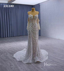 Nude Pearl Beaded Lace Mermaid Wedding Dresses Removable Long Sleeve Pageant Dress 231140