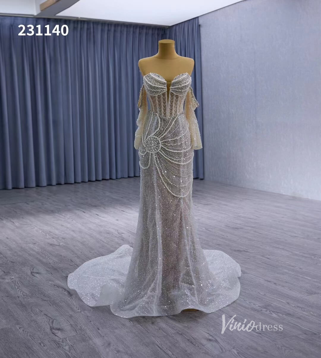 Nude Pearl Beaded Lace Mermaid Wedding Dresses Removable Long Sleeve Pageant Dress 231140