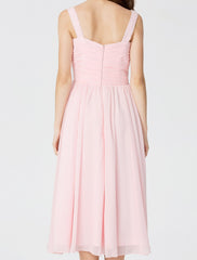 Ball Gown / A-Line V Neck Tea Length Chiffon Bridesmaid Dress with Criss Cross / Beading