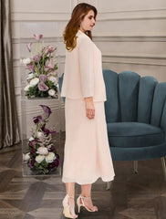 Two Piece A-Line Mother of the Bride Dresses Plus Size Hide Belly Curve Elegant Dress Formal Ankle Length Half Sleeve Jewel Neck Chiffon with Beading