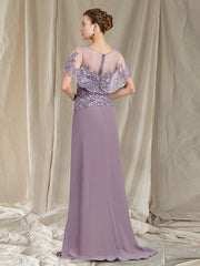 Sheath / Column Mother of the Bride Dress Elegant Jewel Neck Sweep / Brush Train Chiffon Lace Sleeveless with Ruffles