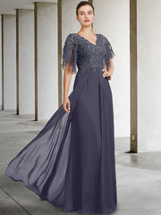 A-Line Plus Size Curve Mother of the Bride Dress Elegant V Neck Floor Length Chiffon Lace Short Sleeve with Beading Sequin Appliques