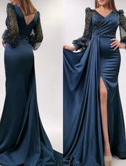 Mermaid Evening Dress Champagne Gown Sparkle Sequin Dress Formal Black Tie Floor Length Long Sleeve V Neck Satin With Buttons Pearls