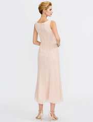 Aimishang  Two Piece Sheath / Column Mother of the Bride Dress Wedding Guest Plus Size Elegant with Jacket Long Sleeve Scoop Neck Tea Length Chiffon Sash / Ribbon Pleats Beadin