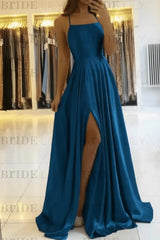 Simple Prom Dress Long With Spaghetti Straps Front Slit Satin Evening Dress
