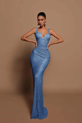 Glamorous Pink Sequin Mermaid Prom Dress Sleeveless with V-Neck