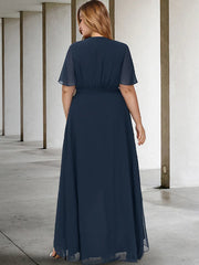 A-Line Plus Size Curve Mother of the Bride Dresses Elegant Dress Formal Asymmetrical Short Sleeve V Neck Chiffon with Bow(s)