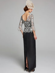 Aimishang Sheath / Column Mother of the Bride Dress Jewel Neck Floor Length Satin Lace 3/4 Length Sleeve with Lace