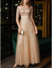 A-Line Prom Dresses Elegant Dress Formal Ankle Length Short Sleeve Square Neck Sequined with Glitter Pleats Ruched