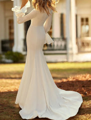 Casual Wedding Dresses Mermaid / Trumpet V Neck Long Sleeve Court Train Chiffon Bridal Gowns With Sash / Ribbon