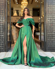 Off-Shoulder A-Line Prom Gown Pleats with High Slit