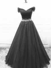 Off Shoulder Black Tulle Long Prom Dresses with Sequins, Off the Shoulder Black Formal Evening Dresses, Black Ball Gown