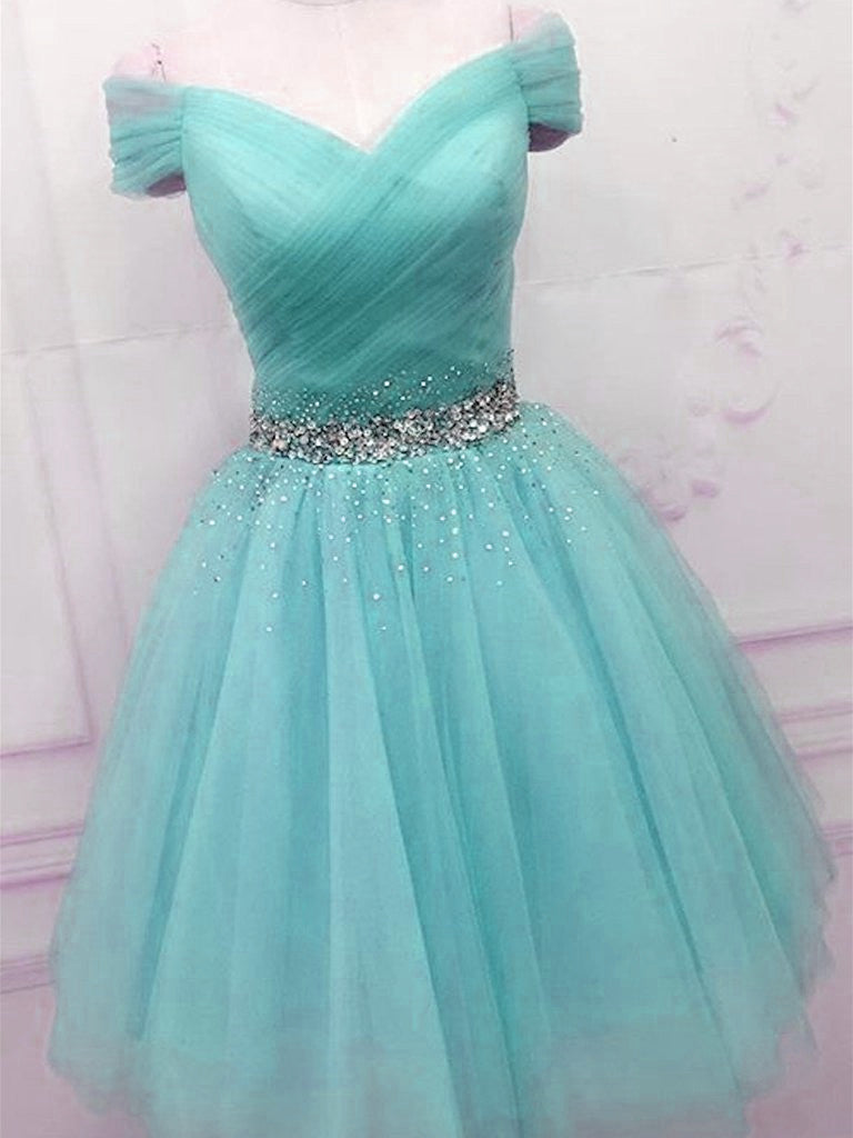 Robes de bal en tulle bleu hors épaule, robes de retour bleu mignonnes