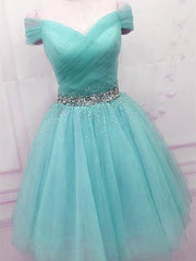 Robes de bal en tulle bleu hors épaule, robes de retour bleu mignonnes