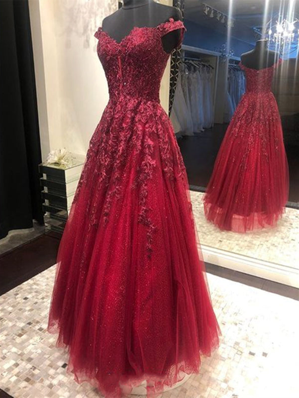 Off Shoulder Burgundy Lace Prom Dress Long A-Line Evening Gown