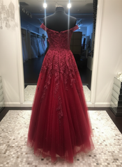 Off Shoulder Burgundy Lace Prom Dress Long A-Line Evening Gown