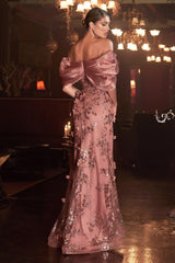 Cinderella Divine J817 Off Shoulder Flower Applique Long Prom Dress