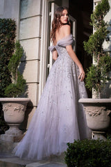 Cinderella Divine B713 Off Shoulder Glittered Long A Line Prom Dress