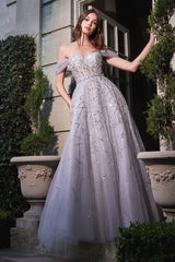Cinderella Divine B713 Off Shoulder Glittered Long A Line Prom Dress